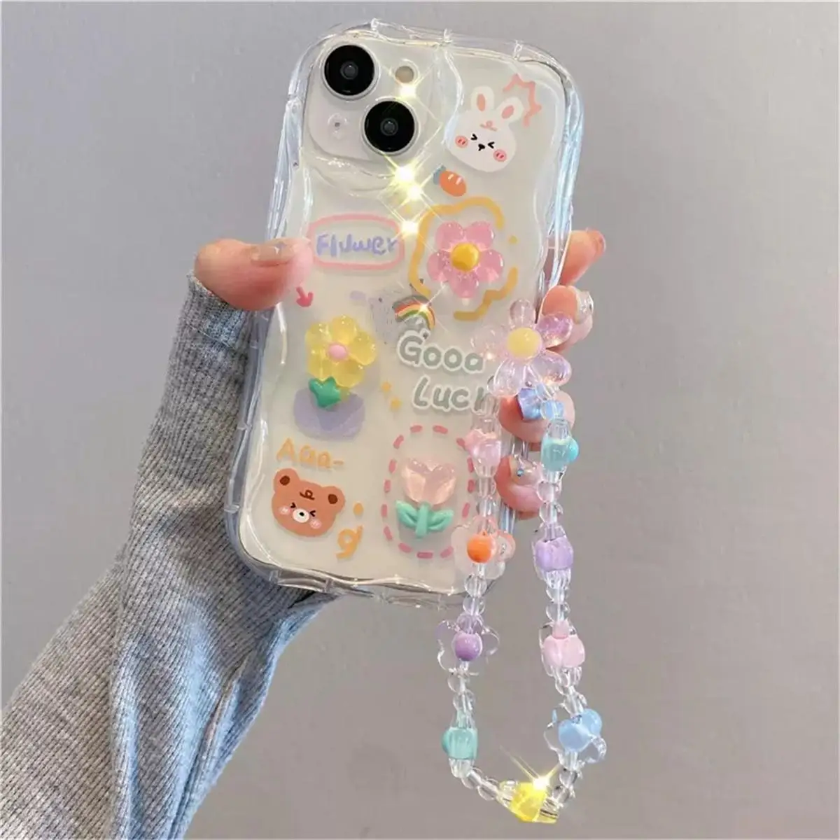 Cute Bear Pattern Flower Hang Chain Clear Soft Phone Case