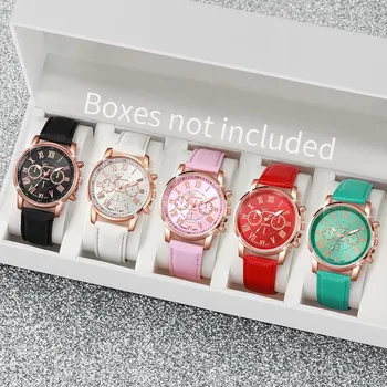 5 peças relógios femininos moda Roma mostrador pulseira de couro relógio de quartzo (sem caixa 1