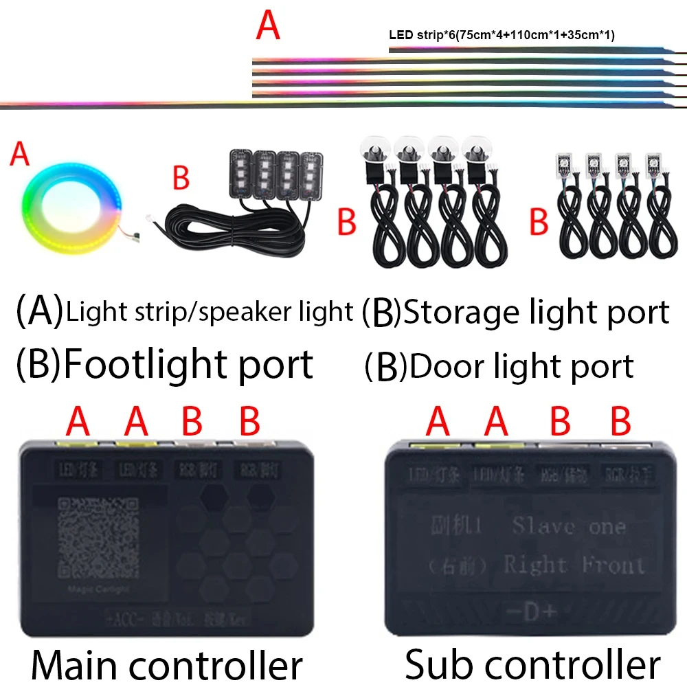 자동차 주변 조명 RGB 213, 64 색 LED 인테리어 레인보우 아크릴 스트립, 심포니 원격 분위기 램프 키트, 18 in 1, 22 in 1 스트리머