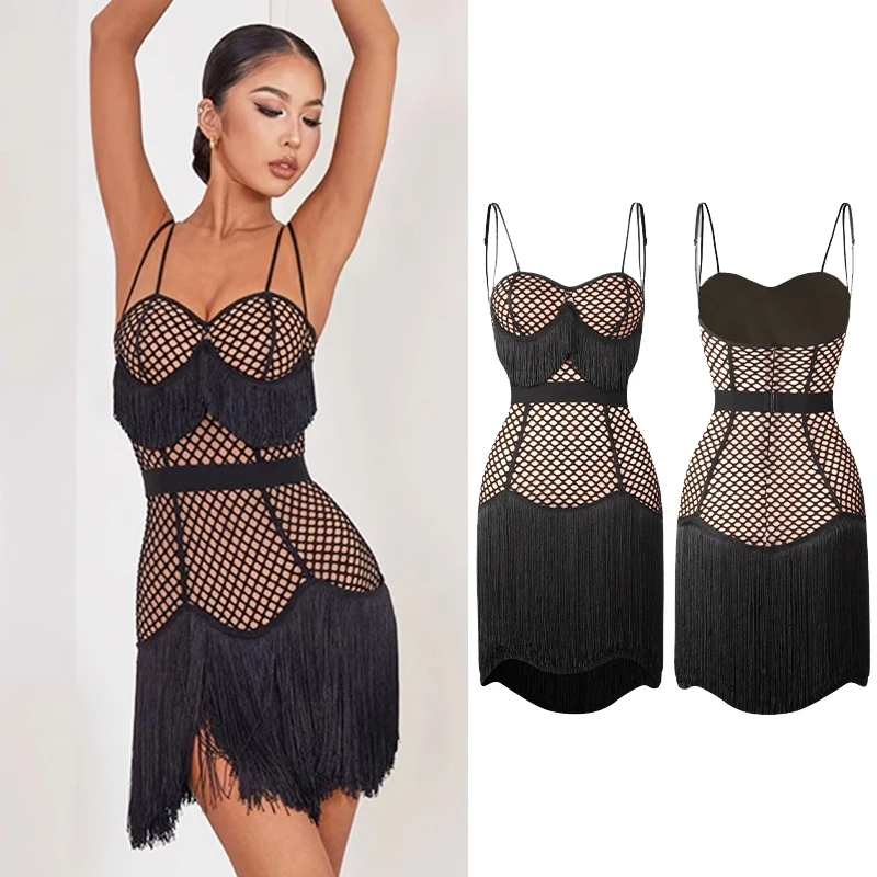 

ZYM Latin Dance Dress Women Sexy Net Suspender Fringe Dress Adult Rumba Performance Clothes Latin Competition Dress DNV20584