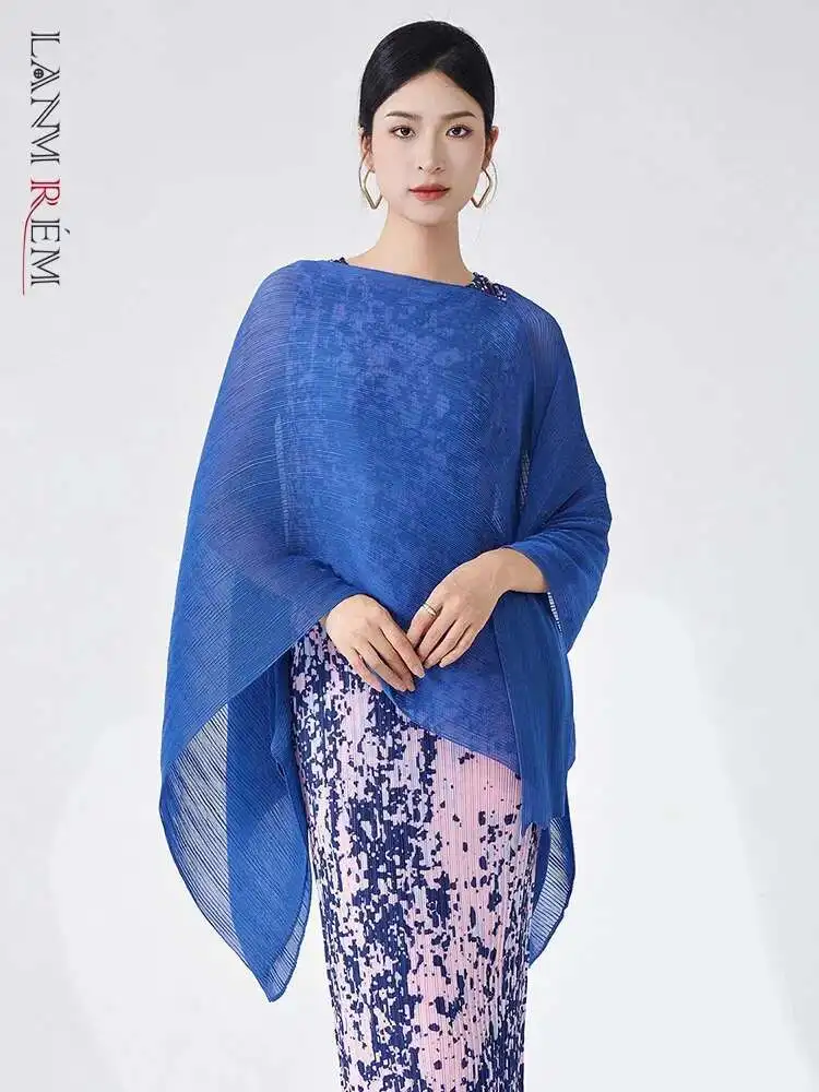 LANMREM Fashion Pleated Shawl Coat For Women Slash Neck Solid Color Headcloth Scarf Versatile Coats 2025 Spring New 2Z2603