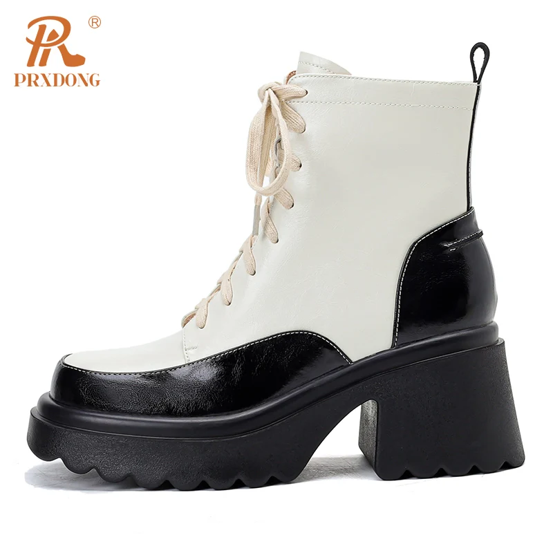 

PRXDONG 2023 New Brand Genuine Leather Autumn WInter SHoes Woman Ankle Boots Chunky High Heels Platform Punk Dress Casual Lady