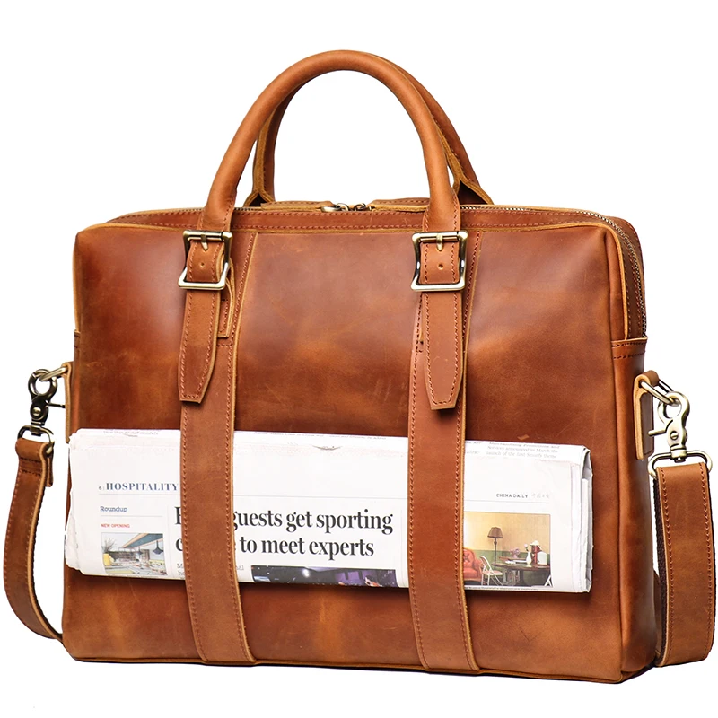 LUOKIR Vintage Crazy Horse Leather Men's Briefcase Casual Handbag Cowhide Shoulder Computer Bag Office For 15.6 Inch Laptop 6