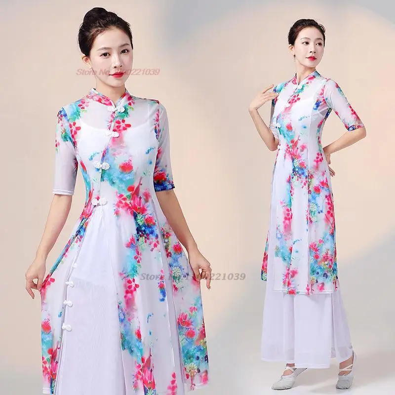 

2024 chinese vintage dance costume national flower print mesh dress+pants set stage performance dress chinese vintage hanfu set