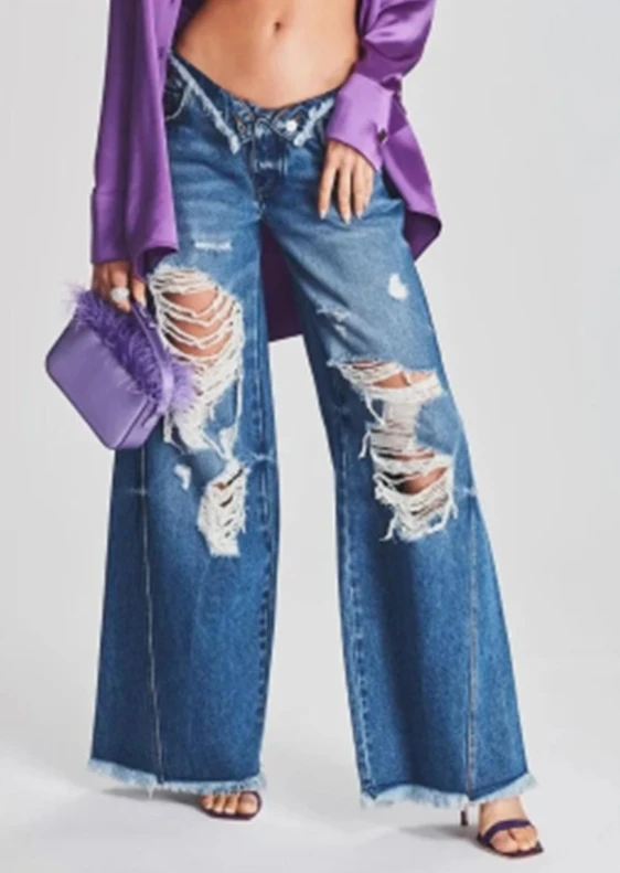 Women's Jeans 2023 New Fashion Street Ripped Holes Irregular Side Turn-Up Wide Leg Long Pants Mid-Rise Ripped Jeans