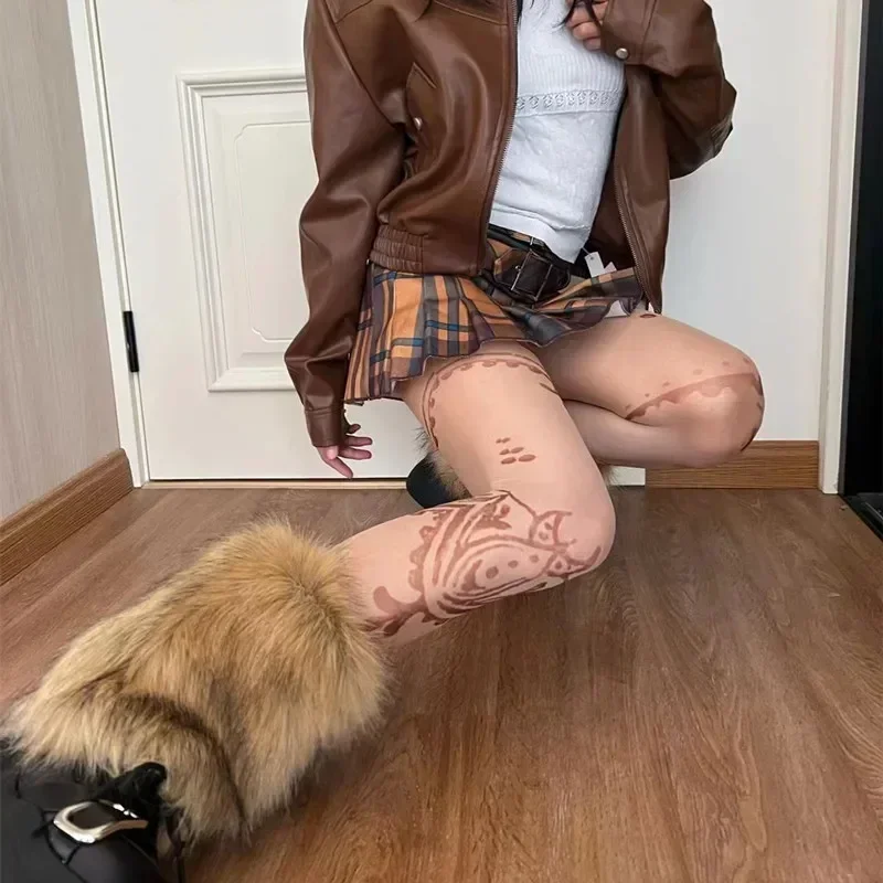 빈티지 모조 모피 모피 레그 워머 뜨거운 소녀 Y2k 갈색 털이 겨울 따뜻한 모피 부츠 양말 펑크 Jk 무릎 길이 힙합 양말