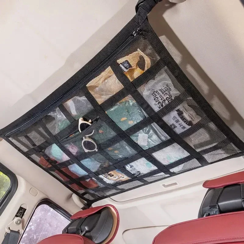 New Car Ceiling Roof Interior Cargo Zipper Adjustable Net Storage Net Bag Sundries Organizer Mesh Pocket For Van SUV Universal