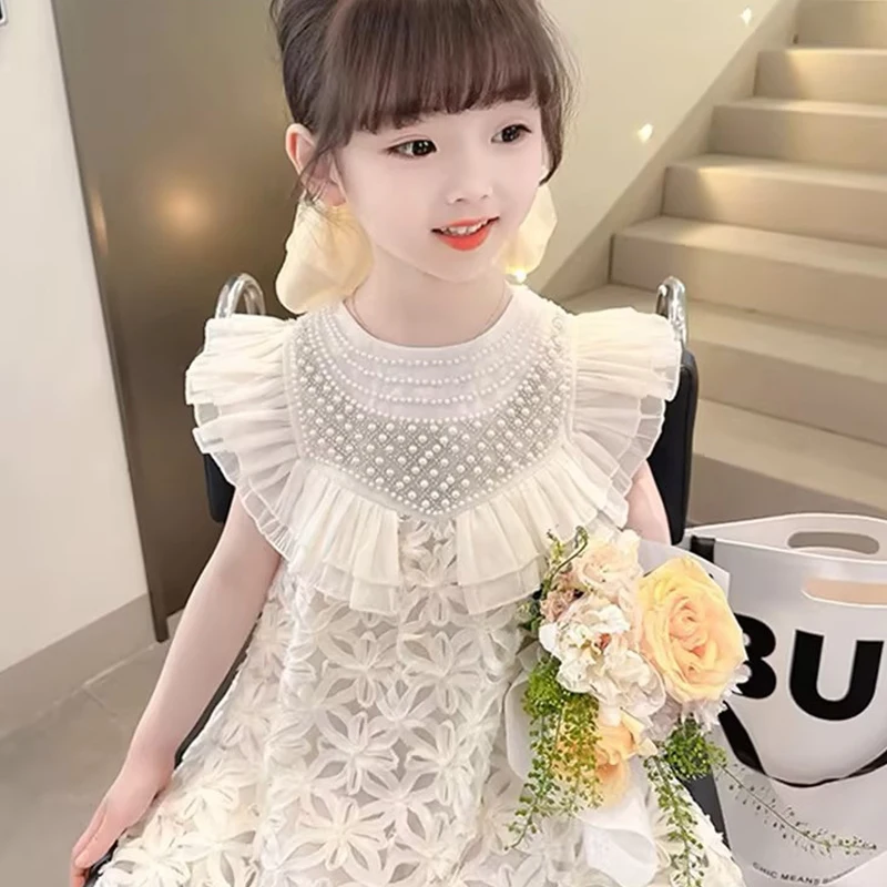 

New 2023 Girls Prin Cess Dress Casual Spring Summer Children's Wear Korean Pearl Neck Princess Dress Fashion Yarn Dress Dress