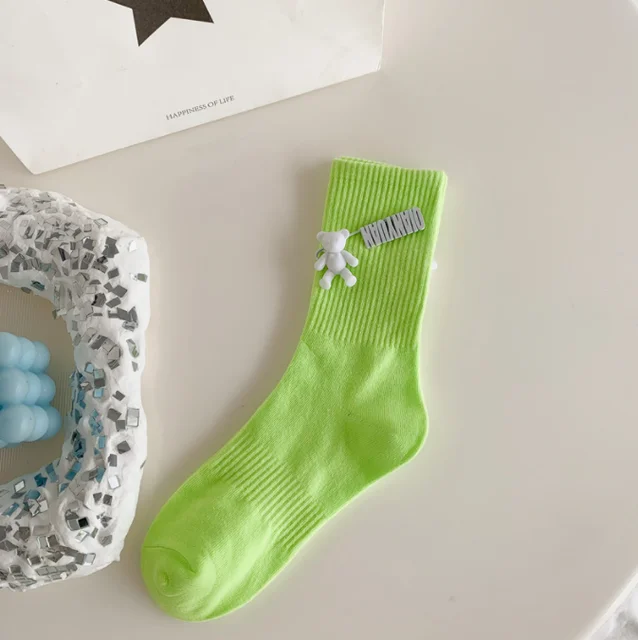 Black and White Pure Color Tube Socks Female Pin Bear Lovely Personality Tide Socks INS Korean Students Long Tube Cotton Socks 9