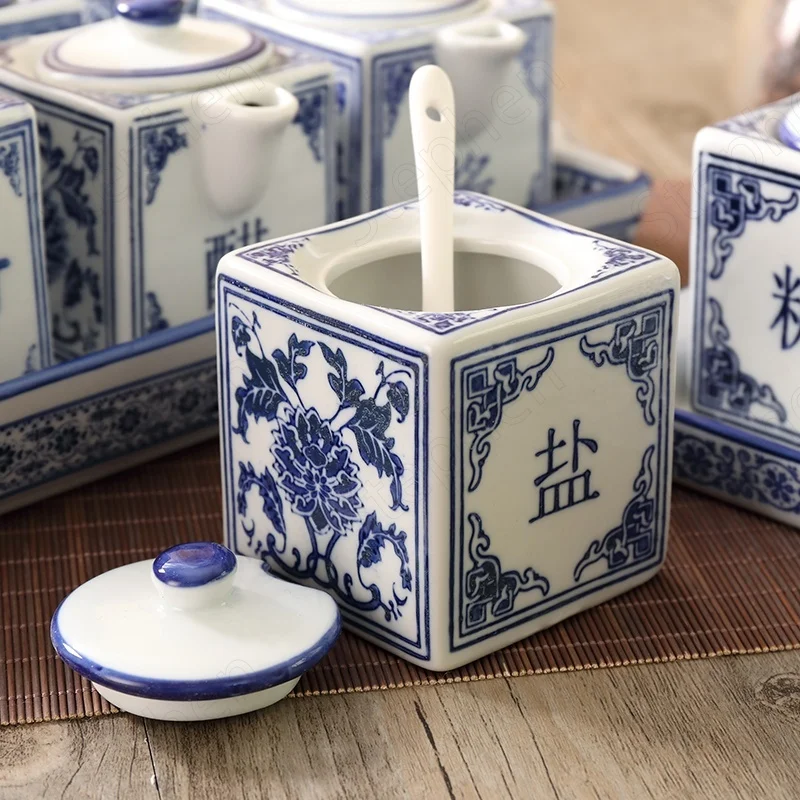 Blue and White Ceramic Canister Set Kitchen Chinese Vintage Spice Jars Salt Sugar Monosodium Glutamate Vinegar Chili Soy Bottle Seasoning jar,seasoning bottle organizer