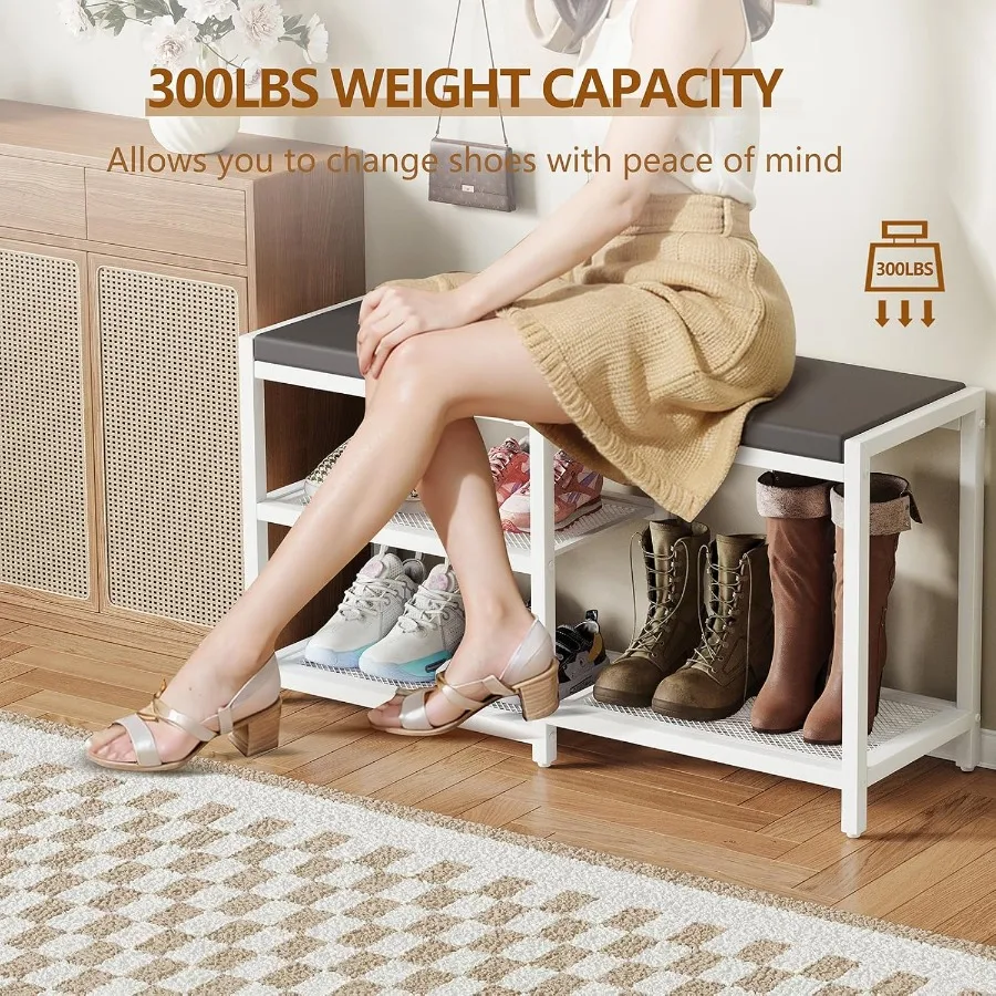 Shoe Bench Rack Storage Bench with Seat Cushion Stable Entryway Bench Holds Up to 300 lb 35 L x 12 W x 17 H White