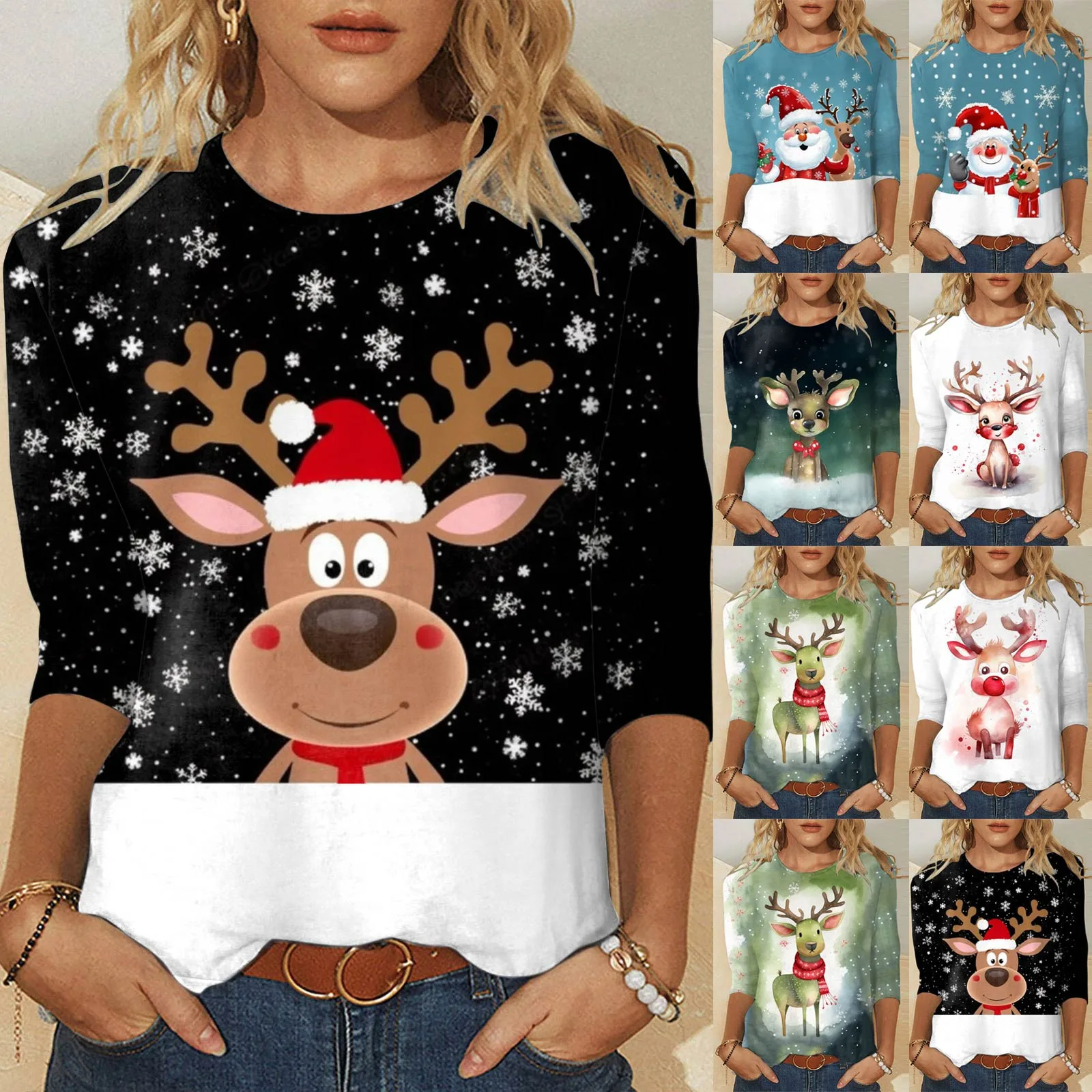 

Women Fashionable Three Quarter Sleeve Tops Round Neck Christmas Printed Tunic Shirt Tops