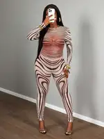 Sexy Sheer Mesh Zebra Print Bodycon Long Sleeve 2 Piece Set for Street Style Festivals Parties - Image 4
