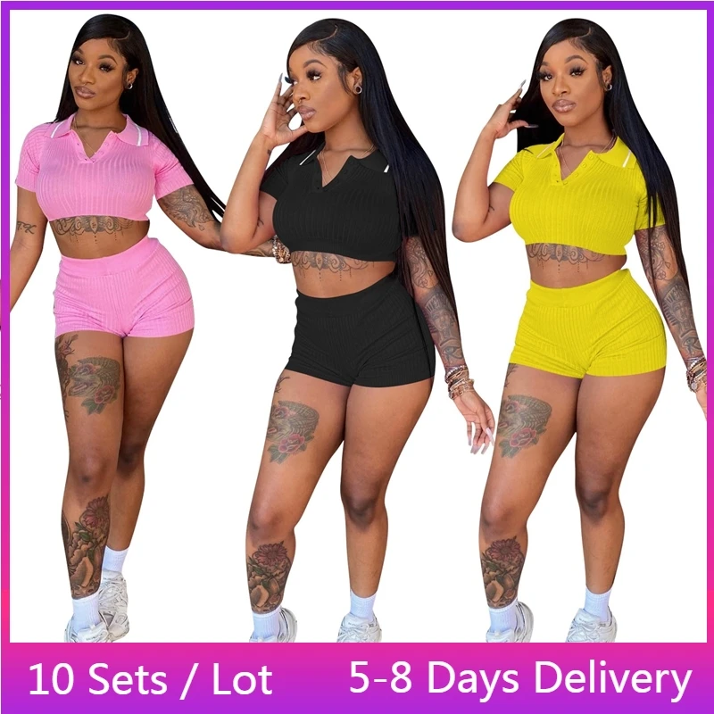 

Wholesale Items Ribbed Womens Two Peice Sets Summer Button Up T Shirt Top Shorts Sets Workout Jogging Suits for Women Tracksuit