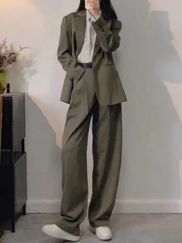 Elegant Office Lady Blazer Suit Women Solid Long Sleeve Coat High Waist Straight Pantsuit New Autumn Chic Business 2 Piece Sets