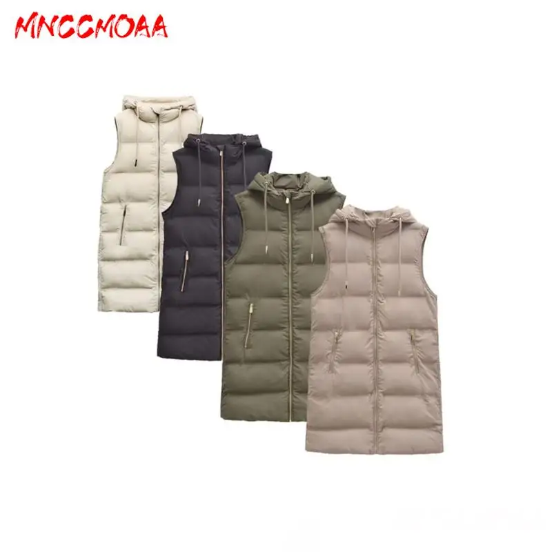 Home 10 Mnccmoaa-colete com Capuz Feminino com Zíper Colete Feminino Cabolsa Monocromático com Bolsos Regata sem Mangas Parkas Casual Moda Inverno 2023