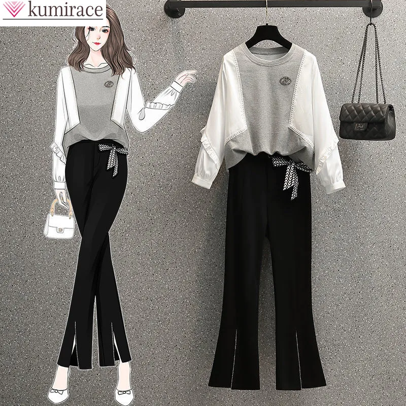 2022 Autumn Black and White Stitched Long Sleeve Sweater Bow Casual Horn Trousers Elegant Women's Two-piece Pants Set Tracksuit
