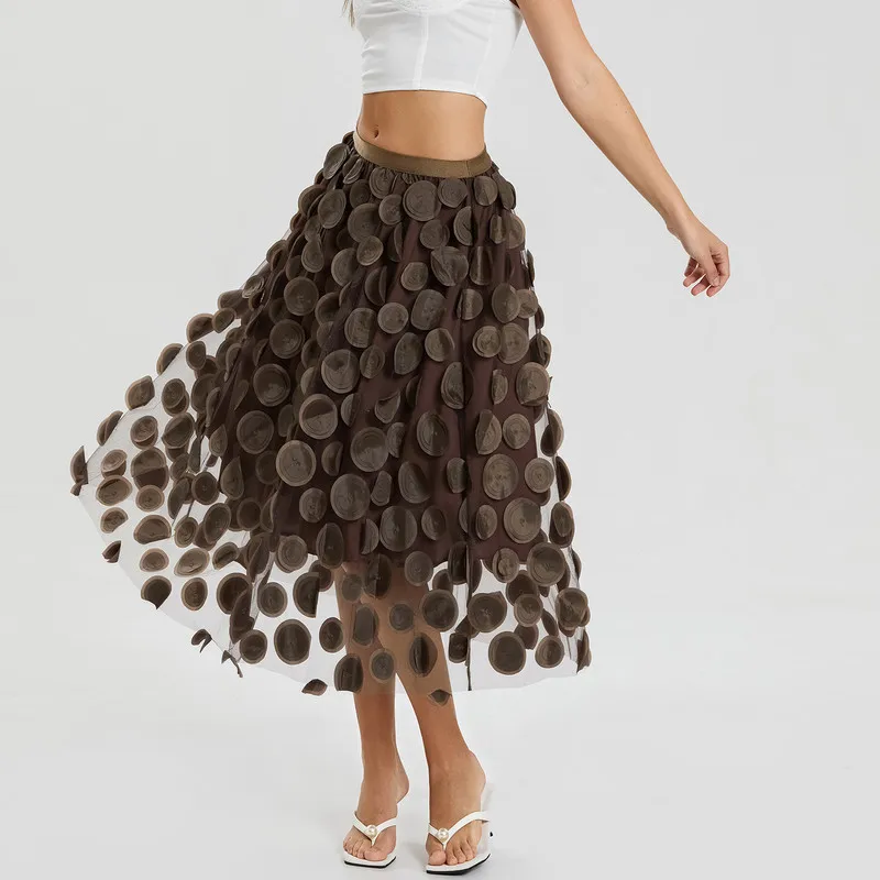 

WPNAKS Women Tulle Tutu Skirt Summer Clothes Solid Color 3D Dot Elastic Mesh Fairy A-Line Skirt Female Clothing Streetwear