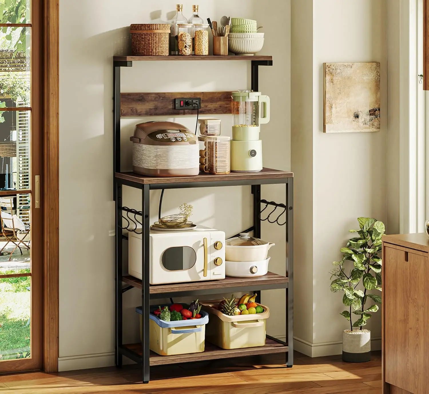 Kitchen Bakers Rack with Power Outlet, Coffee Bar Table 4 Tiers, Kitchen Microwave Stand with 6 S-shaped Hooks 6