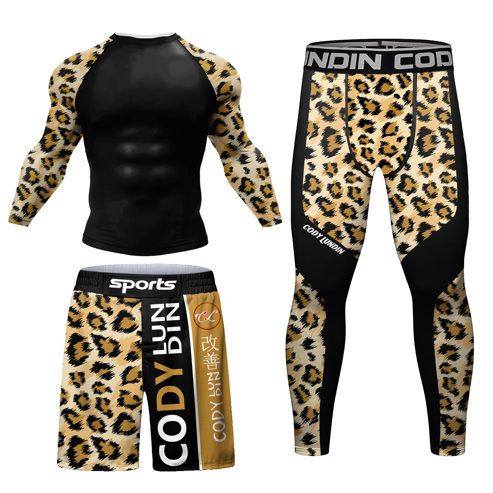 New Kickboxing Rashguard Jiu Jitsu MMA T-shirt +Pant Set Men Bjj Gi Rash Guard Gym Muay Thai Shorts Leopard Printed Active Wear 2