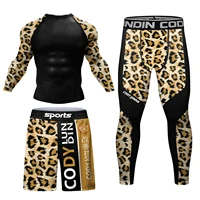New Kickboxing Rashguard Jiu Jitsu MMA T-shirt +Pant Set Men Bjj Gi Rash Guard Gym Muay Thai Shorts Leopard Printed Active Wear 2