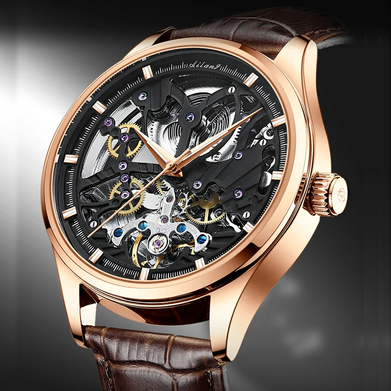 

AILANG Watches Classic Rose Gold Case Male Skeleton Clocks Automatic Mechanical Brown Leather Hollow Watch Relogio