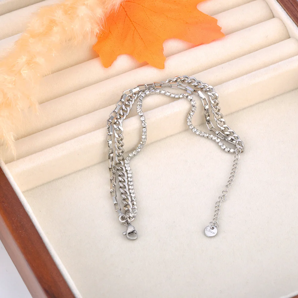 JeeMango 316L Edelstahl 3-lagiges Strass-Charm-Armband für Damen, modische Kette, wasserdicht, Schmuckzubehör, B23161