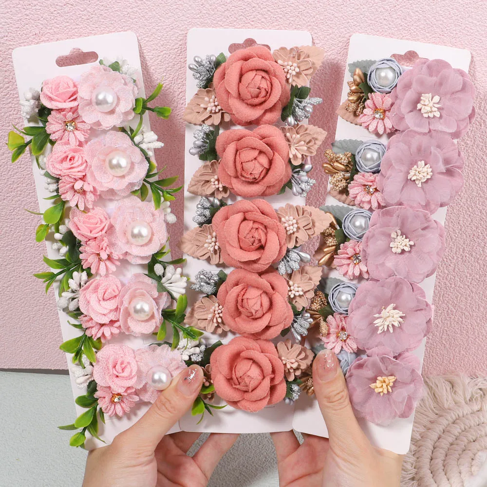 5PcsSetSweetGirlsFlowerPetalsHairClipsPearlChiffonHair