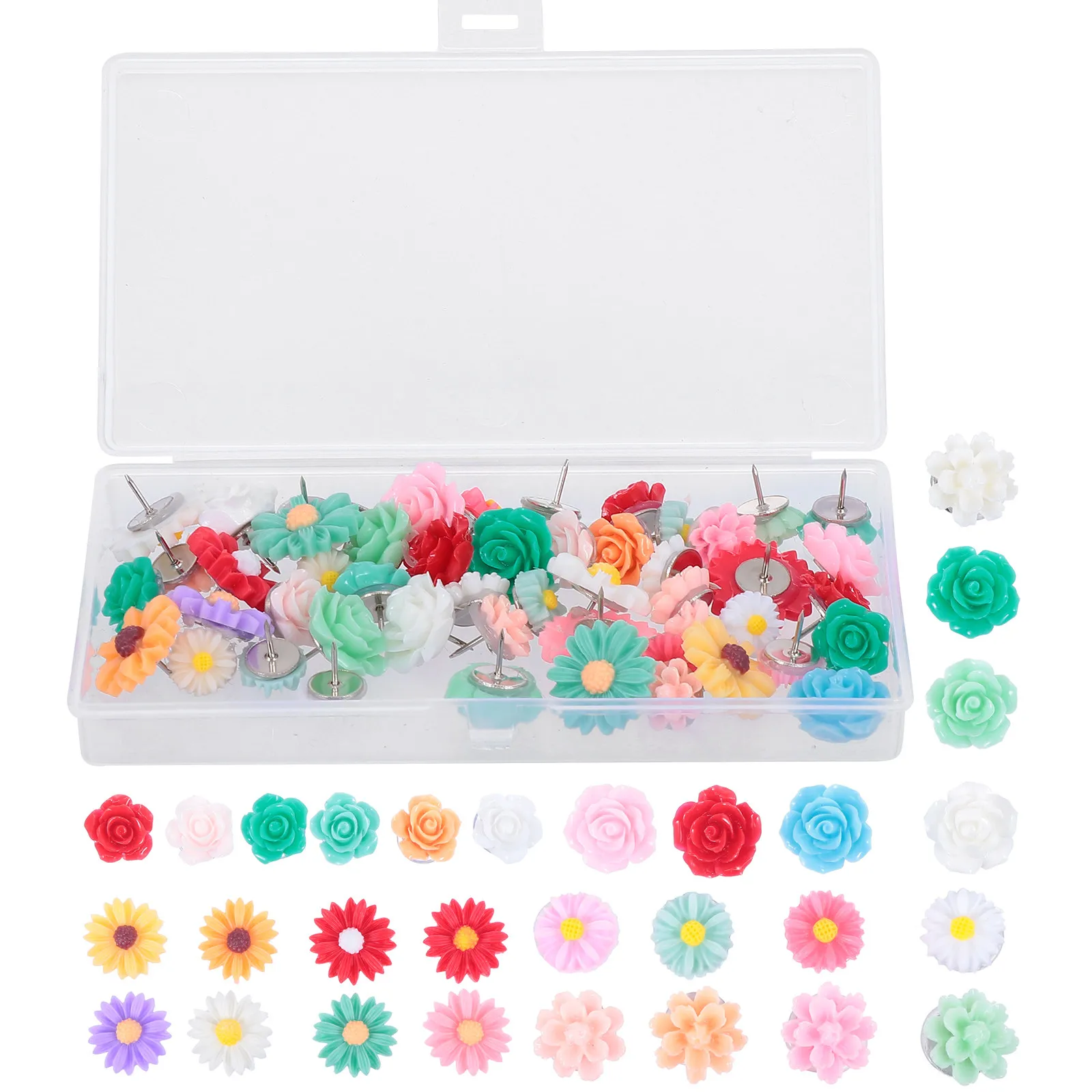 50Pcs 꽃 압정 장 수지 압정 화이트보드 코르크 벽 장식을 위한 창의적이고 밝고 다채로운 세트