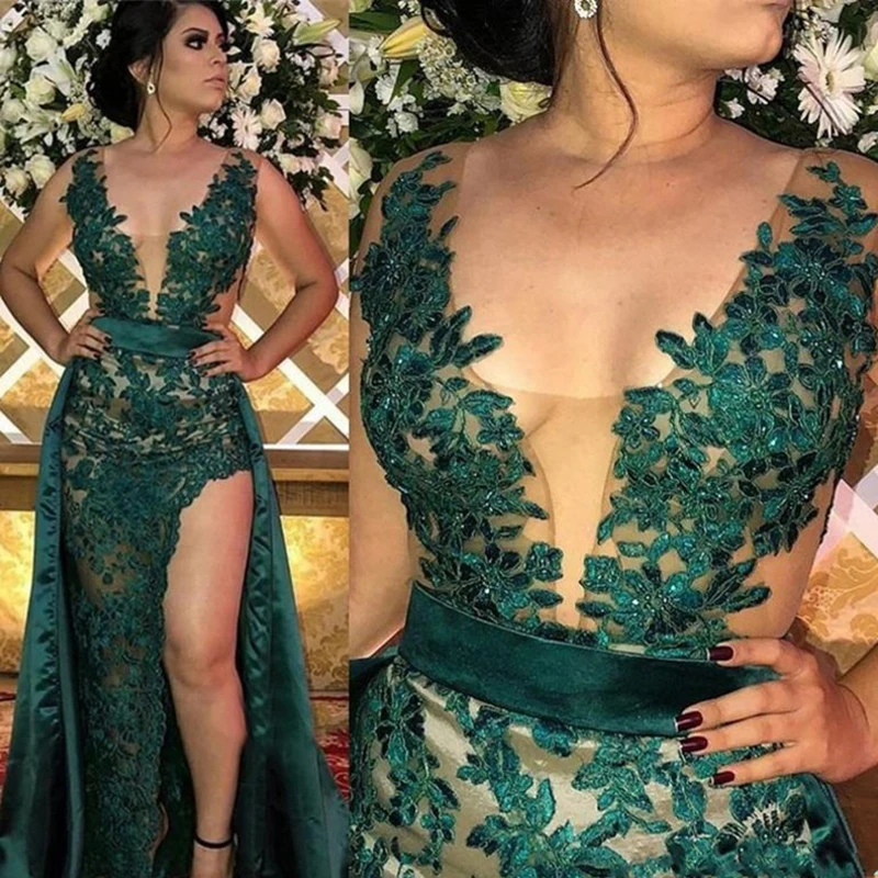 

Hot Sale 2022 Dark Green Lace Prom Party Dresses Sleeveless Scoop Neckline Side Split Wedding Guest Gowns Sexy See Through Top