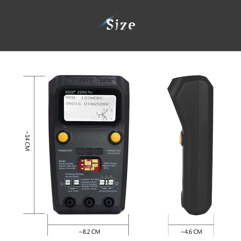 BSIDE ESR02pro Multi-purpose Transistor ESR/SMD Tester Smart Diode Triode Capacitance Resistor Meter LCD meter MOS/PNP/NPN test 6