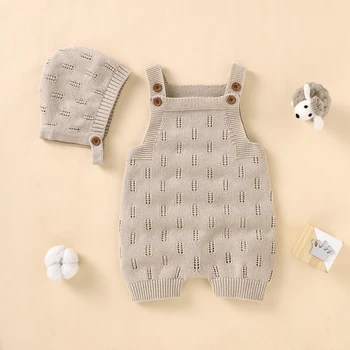 Cotton Baby Rompers Knit Infant Newborn Boys Jumpsuit Sleeveless Summer Toddler Girl Kid Clothing Hat Fashion Solid 2pcs Outfits 1