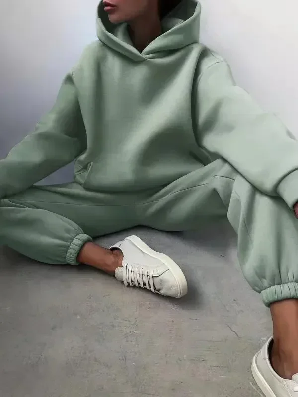 Women's Tracksuit Casual Solid Long Sleeve Hooded Sport Suits Autumn Warm Hoodie Sweatshirts and Long Pant Fleece Two Piece Sets 6