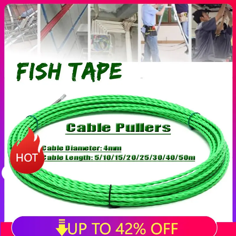4mm 5m-50m Fiberglass Cable Push Pullers Duct Snake Rodder Fish Tape Wire Pom Fish Draw Tape Electrical Cable Puller Aid Tool