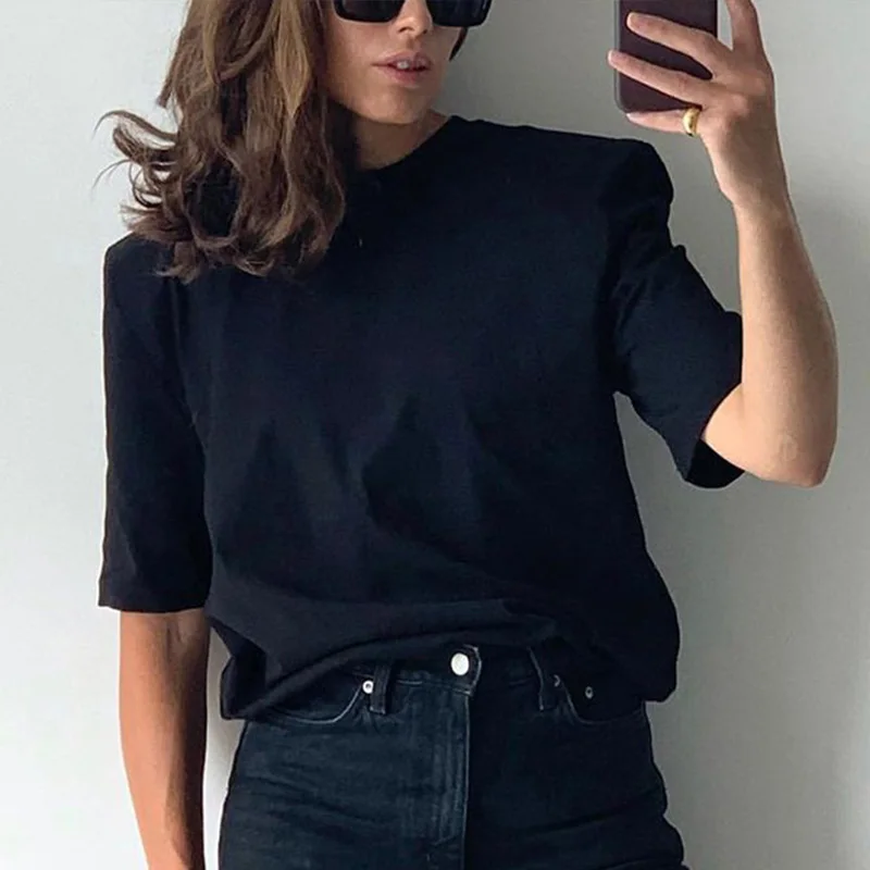 Women Chic Padded Shoulder T-shirts Short Sleeve Solid Color Round Neck Tops Female Streetwear Loose Casual Mid-length T-shirts cheap t shirts Tees