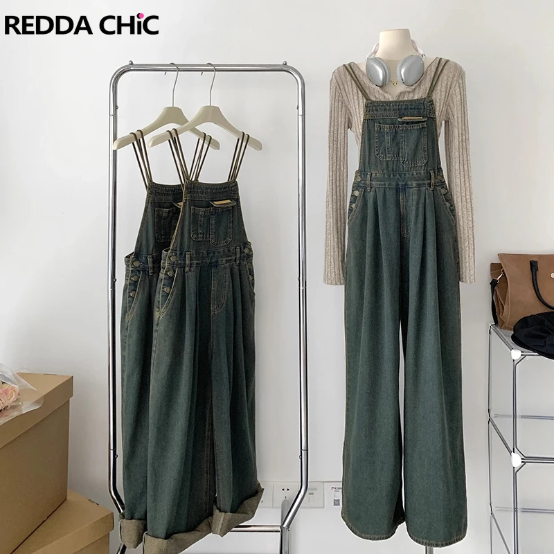 

ReddaChic 90s Retro Green Denim Overalls for Women Summer Jumpsuit Pleated Wide Leg Casual Bib Pants Dungaree Korean Clothes