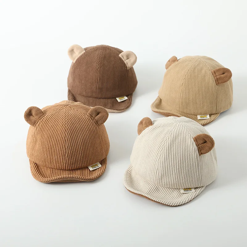 New Corduroy Baby Hat Solid Color Cute Bear Ear Adjustable