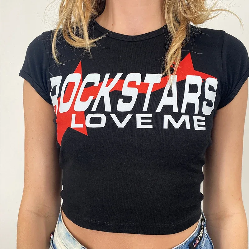

Rockstars Love Me 90s 00s Fashion Cropped Tops for Women Gothic Grunge Clothes Y2k Baby Tee Party T Shirt Ladies Sexy Tshirt