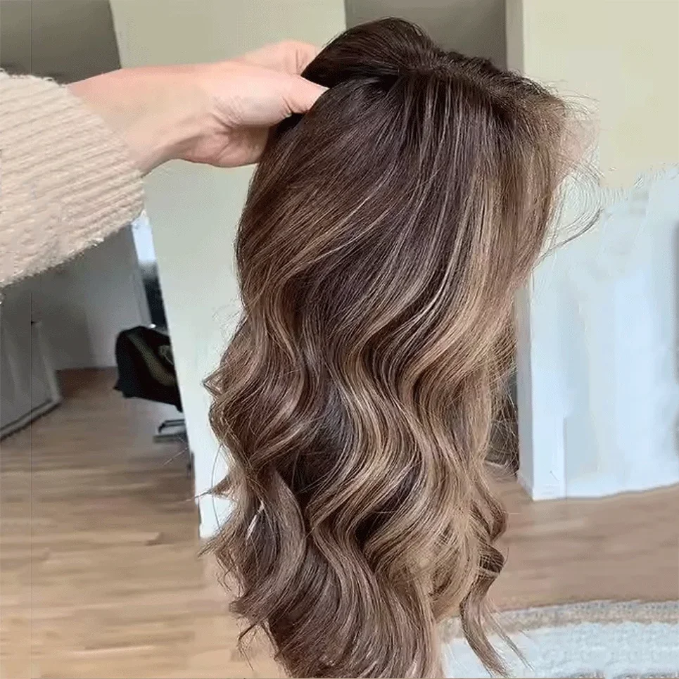 Brunette Brown with Blonde Highlights Lace Front Wigs Synthetic Fibre Blend Human Hair Wigs Glueless 13x4 premium Women"S Wig