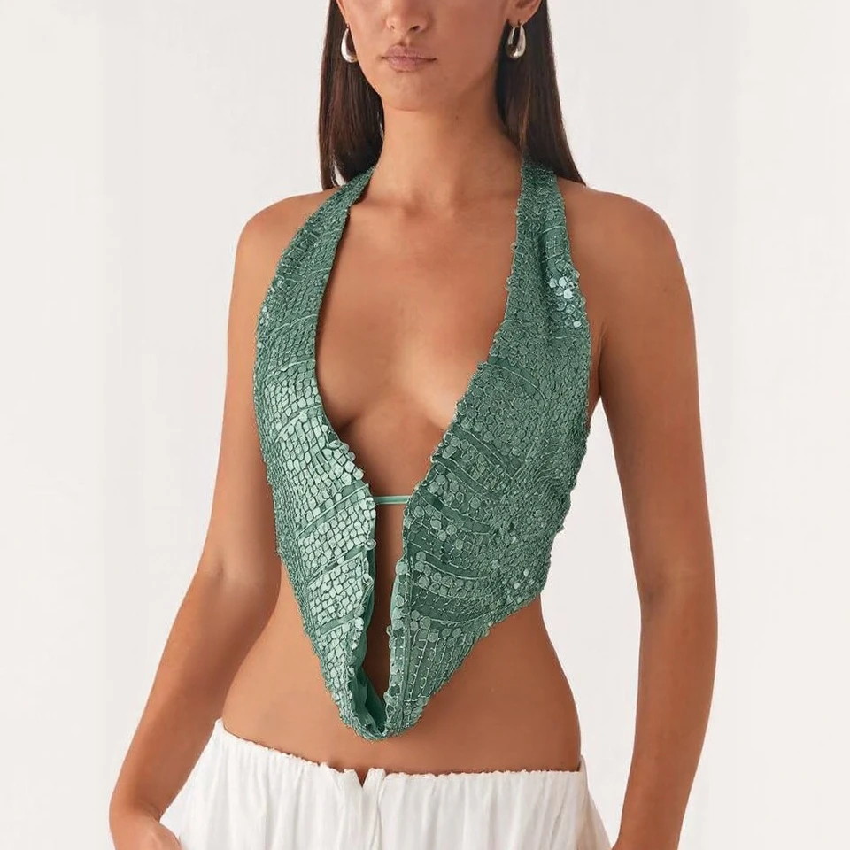 Sexy Hollow Out Sequins Women Top Tank Halter Deep V-Neck Backless Glitter Vest Ladies Nightclub Party Y2K Tank Crop Tops