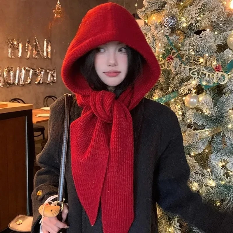 Korean Balaclava Bonnet Women Skullies Beanies Hat Scarf One-piece Thickened Warm Neck Protection Winter Accessories Knitted Law