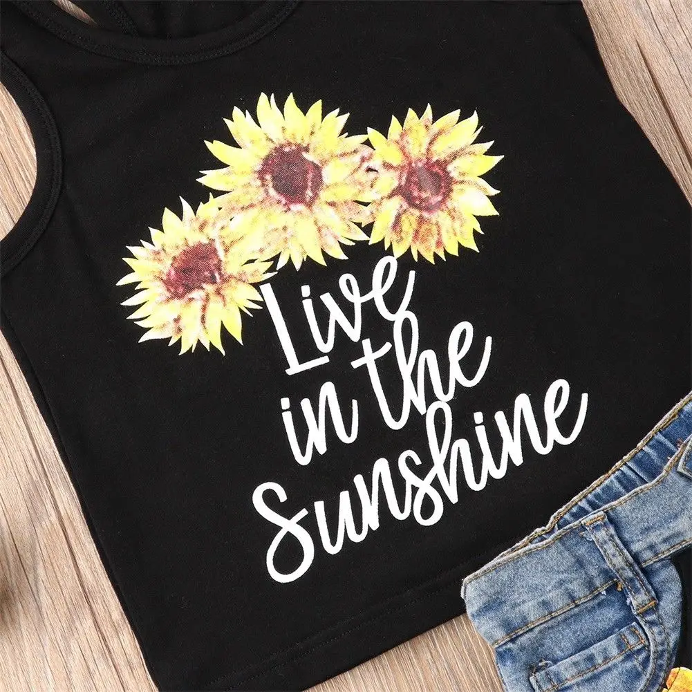 1-6 Years Toddler Girl Clothes Set Sleeveless Sunflower Letter Print Tank Tops with Denim Short Pants Summer Children's Sets kids clothing set girls clothing set
