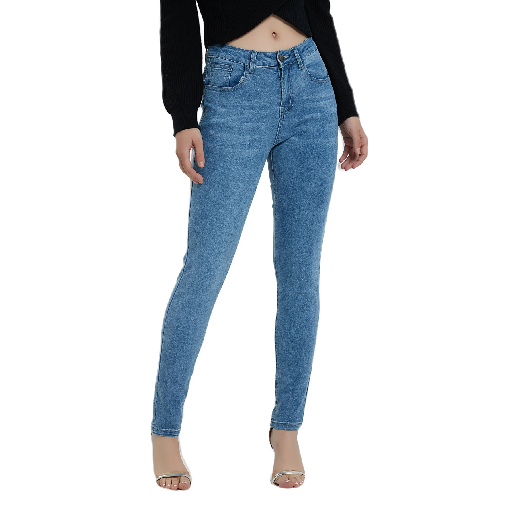 

Women Middle Waist Skinny Stretch Pleated Front Jeans Denim Pants