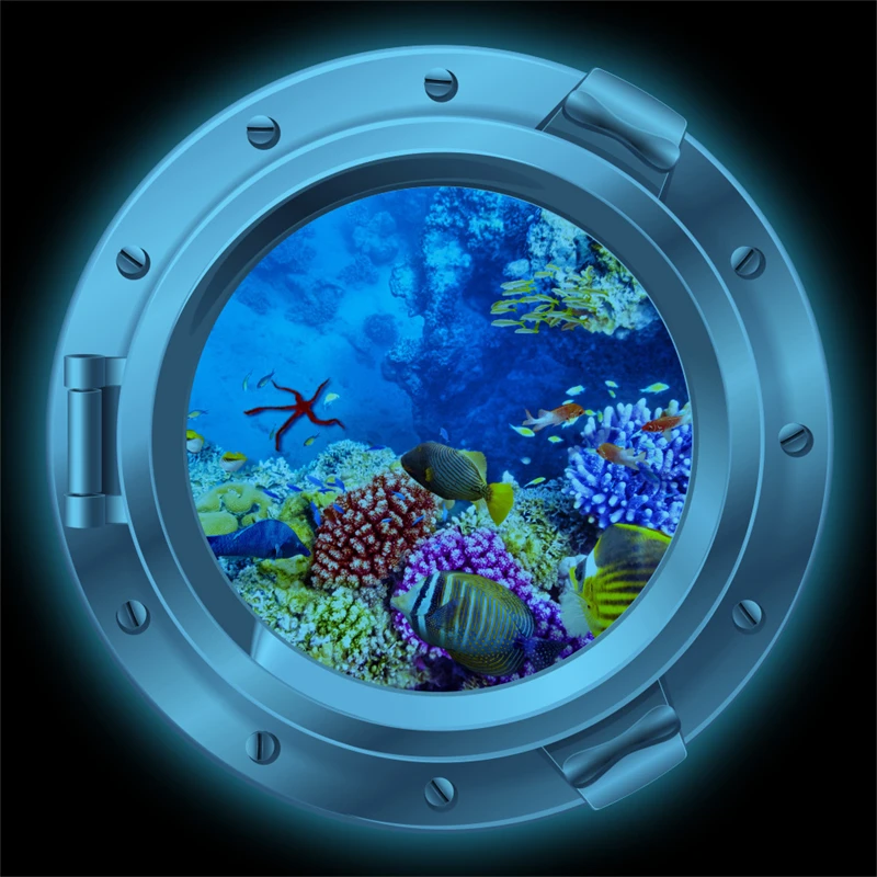 24cm Luminous Simulated Porthole Wall Stickers Ocean Whales Sharks Turtles Fish Submarine Window Scenery PVC Home Decoration wall stickers window stickers