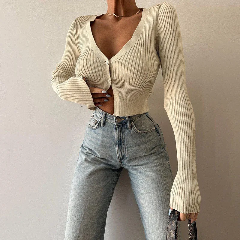 용수철 가을 골지 단색 V넥 긴팔 버튼 스웨터, 여성 패션 의류, 스트리트웨어, 도매 스웨터, 가디건