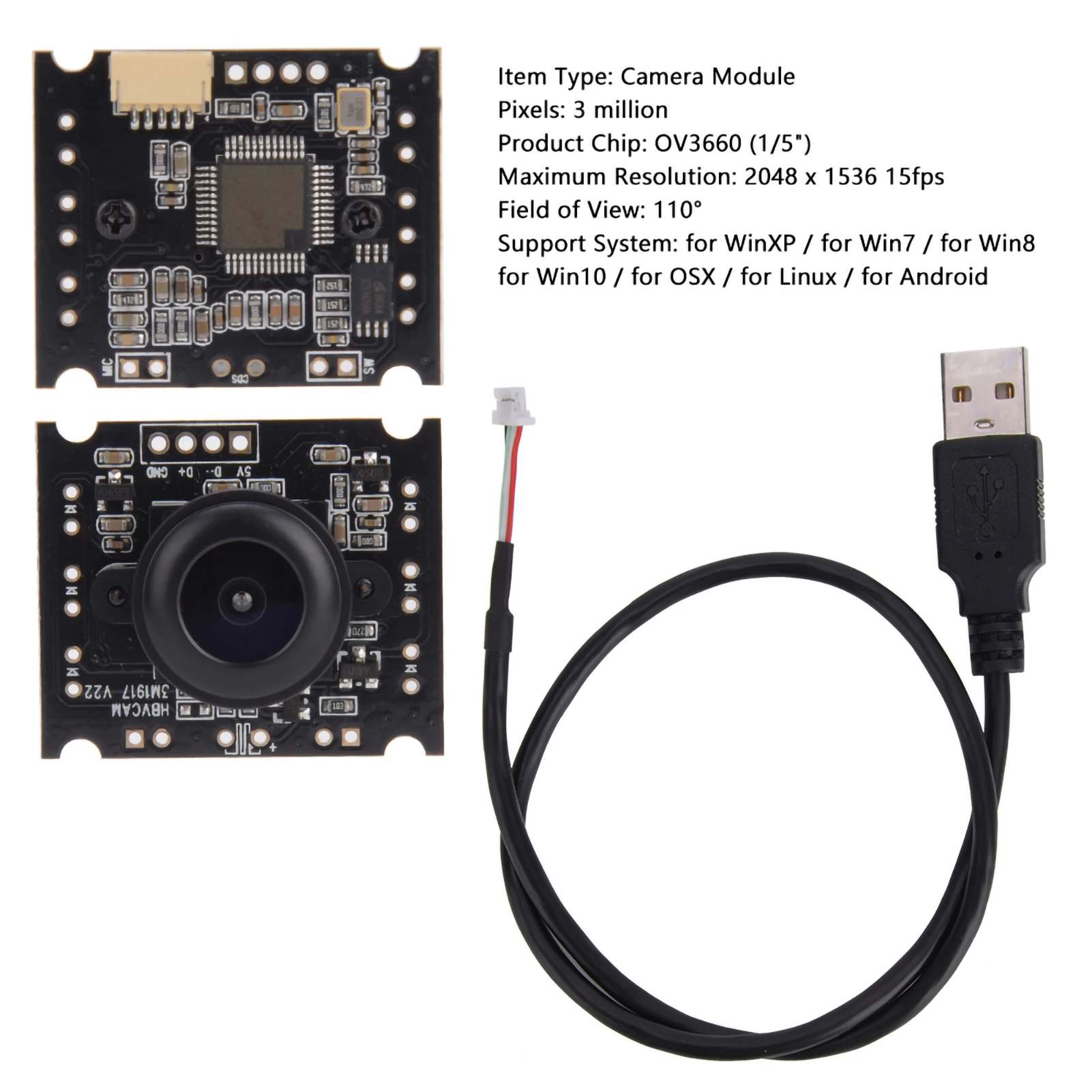 USB 카메라 모듈 USB 카메라 모듈 OV3660 칩 USB2.0 출력 2048 x 1536 15fps 110 °   모바일 OTG 110 지원 °   USB 카메라 모듈
