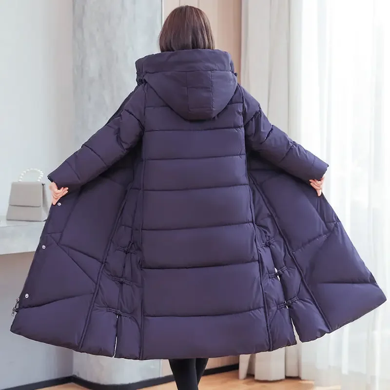 Retro Women's Long Down Padded Jacket Winter Warmth Korean Fashion Loose Long Cotton Coat Over The Knee Cotton Jacket Coat New