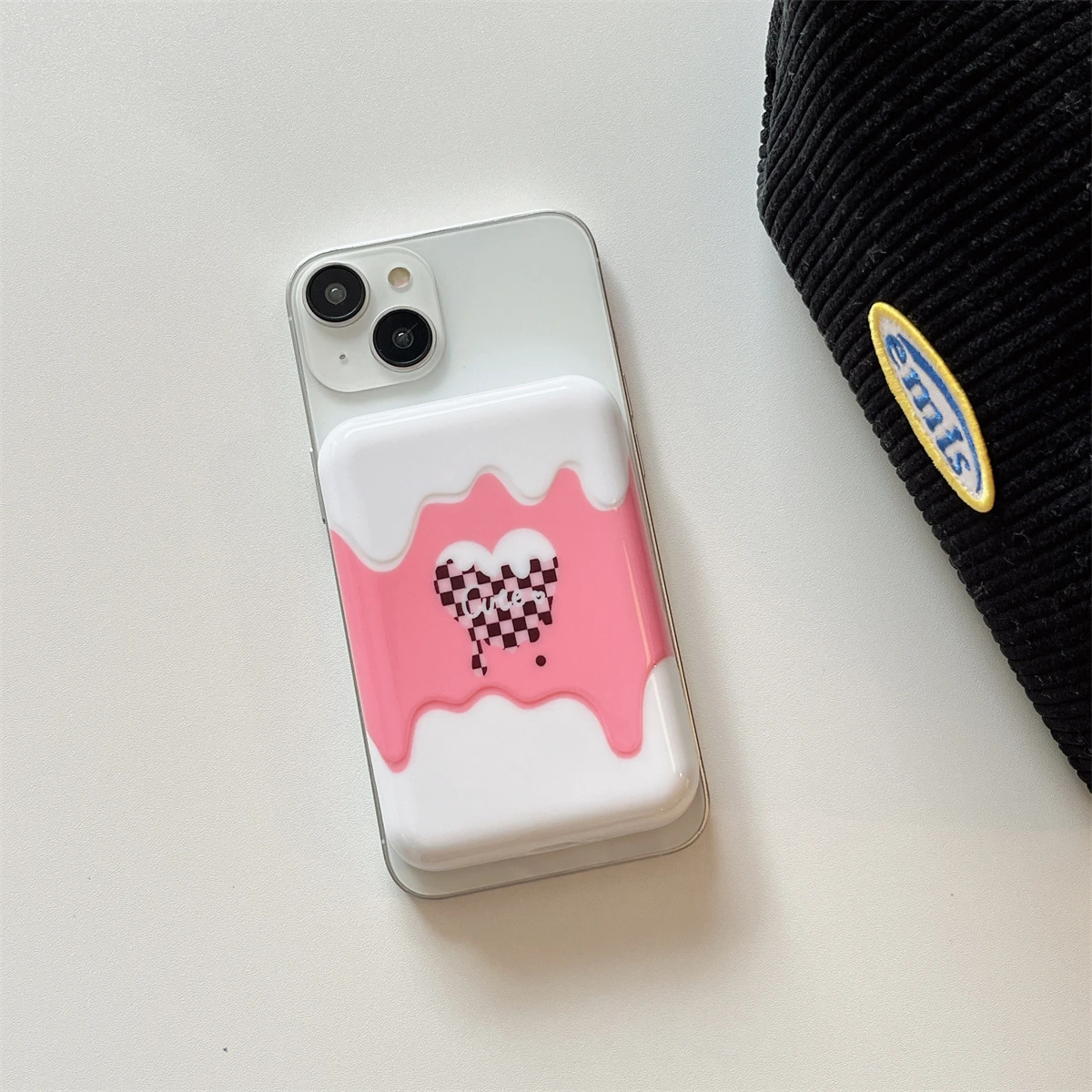 Cream Heart Pattern Case for iPhone External Battery