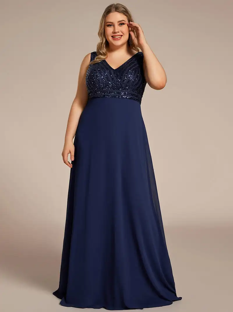 Plus Evening Dresses Sleeveless V-Neck Sequin & Chiffon Floor Length Ever Pretty 2024 of A-line Navy Blue Bridesmaid Dresses