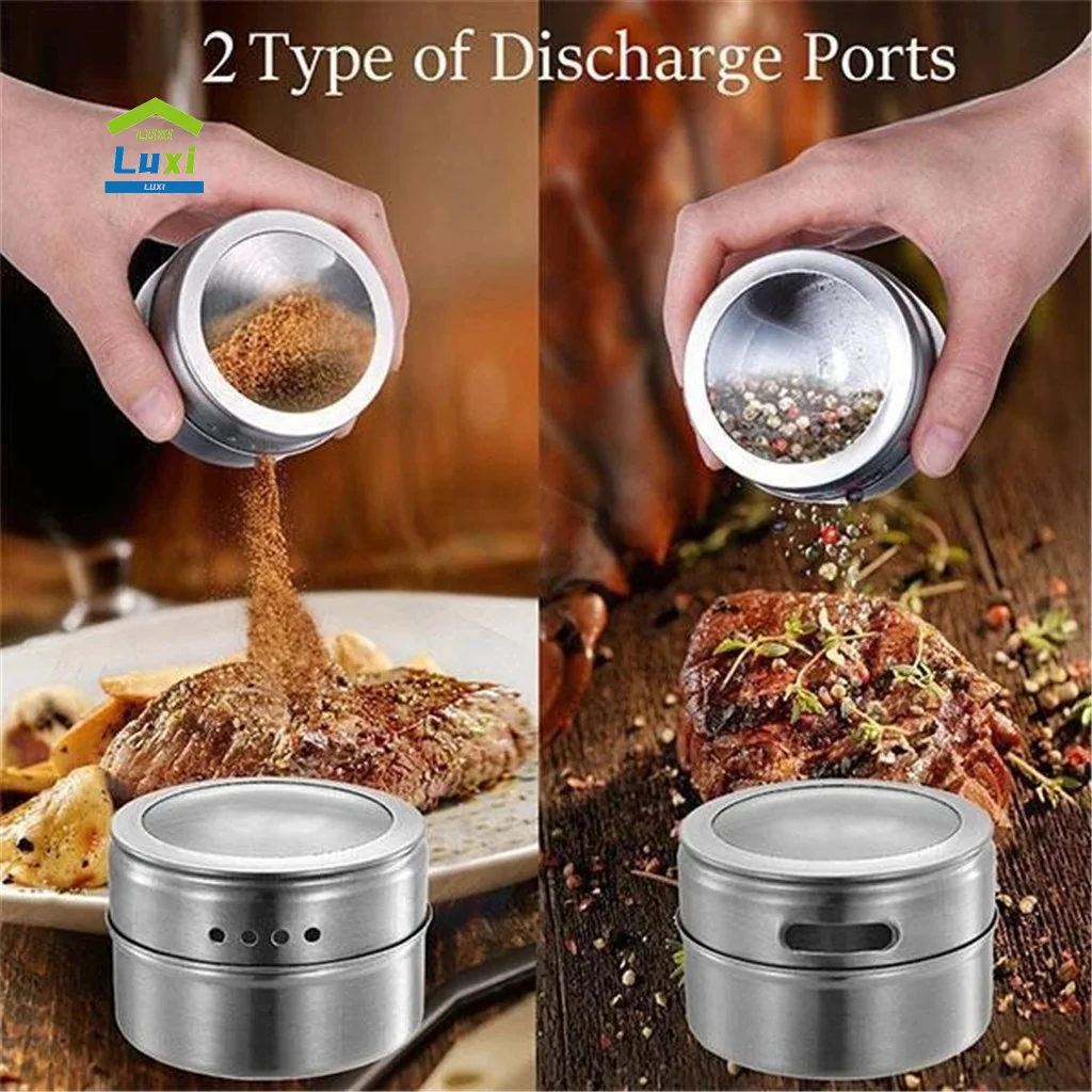 

12pcs Magnetic Tins Stainless Steel Storage Container Jars Clear Lid New minimalist and cute kitchen seasoning storage 2023